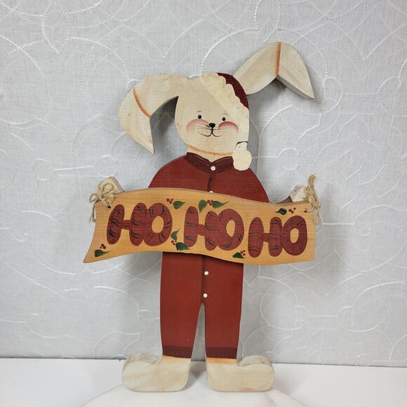 VINTAGE Bunny Santa Claus Ornament 15" HO HO HO Handmade Folk‎ Art Christmas - Picture 7 of 13
